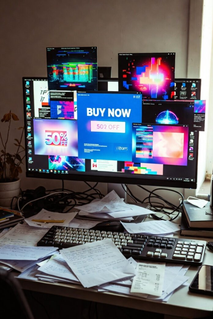 A chaotic personal desk drowning in pop-up ads, glitchy privacy warnings, fast-food cups, wrappers, and sticky notes