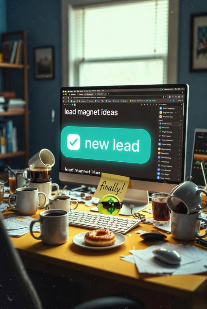 Cluttered home office desk with coffee mugs, half-eaten donut, "new lead" notification glowing, and a tiny sunglasses-wearing dollar sign floating above the keyboard