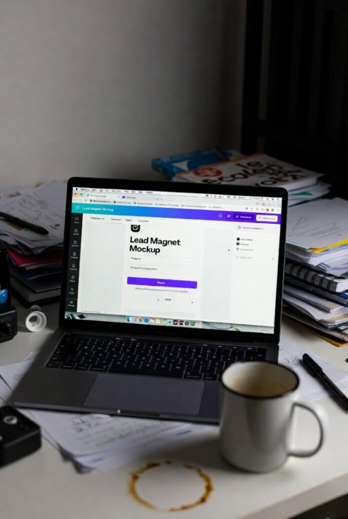 Late-night workspace close-up: open Canva tab, 47 unread emails on screen, coffee stain on desk.