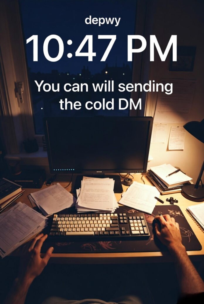 Late-night defeat: messy desk, glowing monitor, scattered notes, 10:47 PM clock.