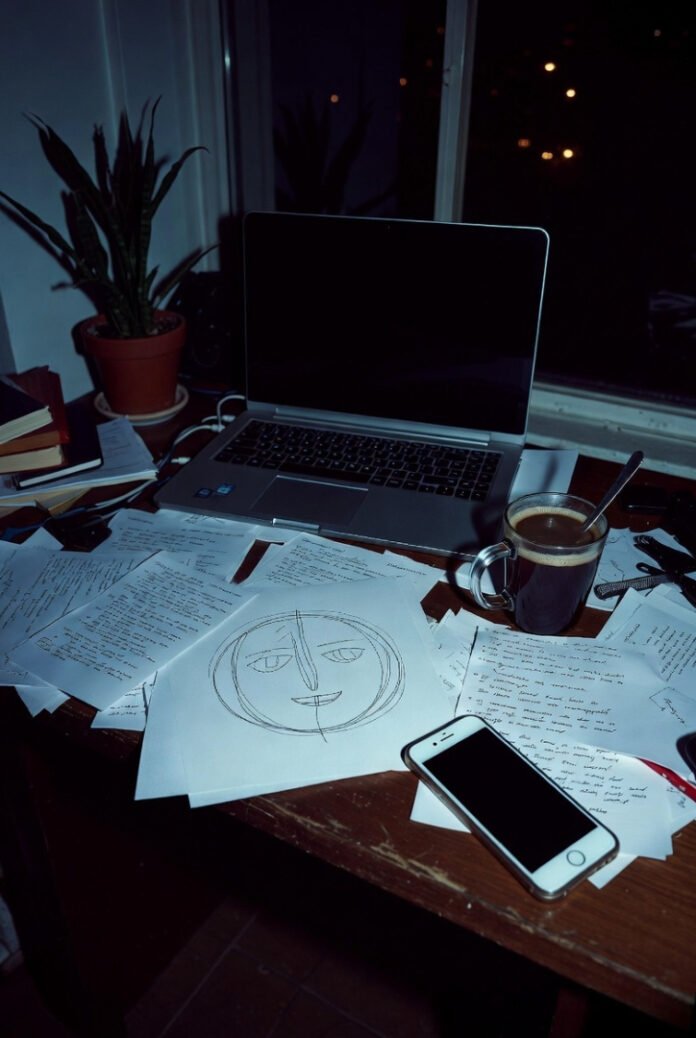 Self-aware late-night study fail: papers everywhere, dim light, phone perspective.