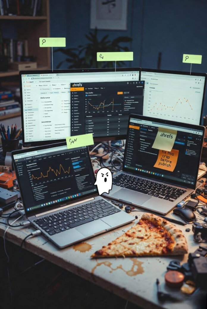 Cluttered desk with three laptops showing SEO dashboards, half-eaten pizza slice, sticky note saying “fix this crap before publish,” tiny frustrated ghost, and coffee stain graph — tired SEO hustle vibes.
