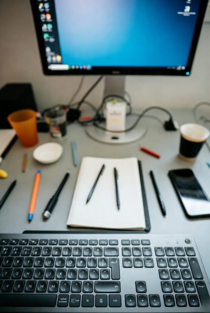 Cluttered desk tilted overhead view