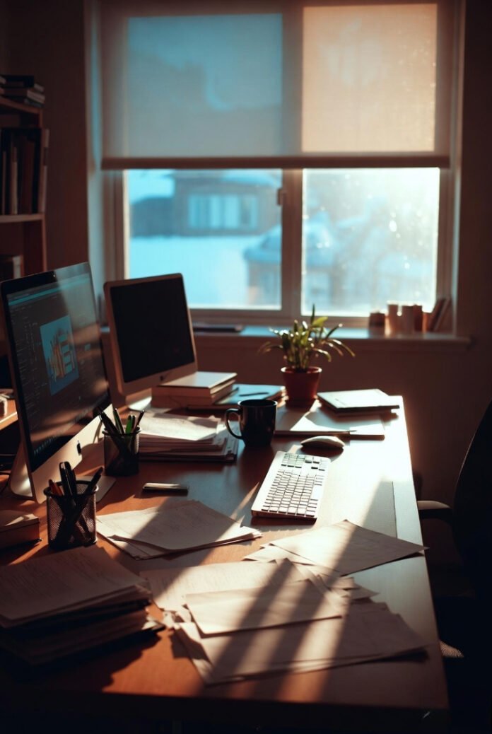 Lived-in workspace: messy notes, books, keyboard, and soft golden winter sunlight filling the room.