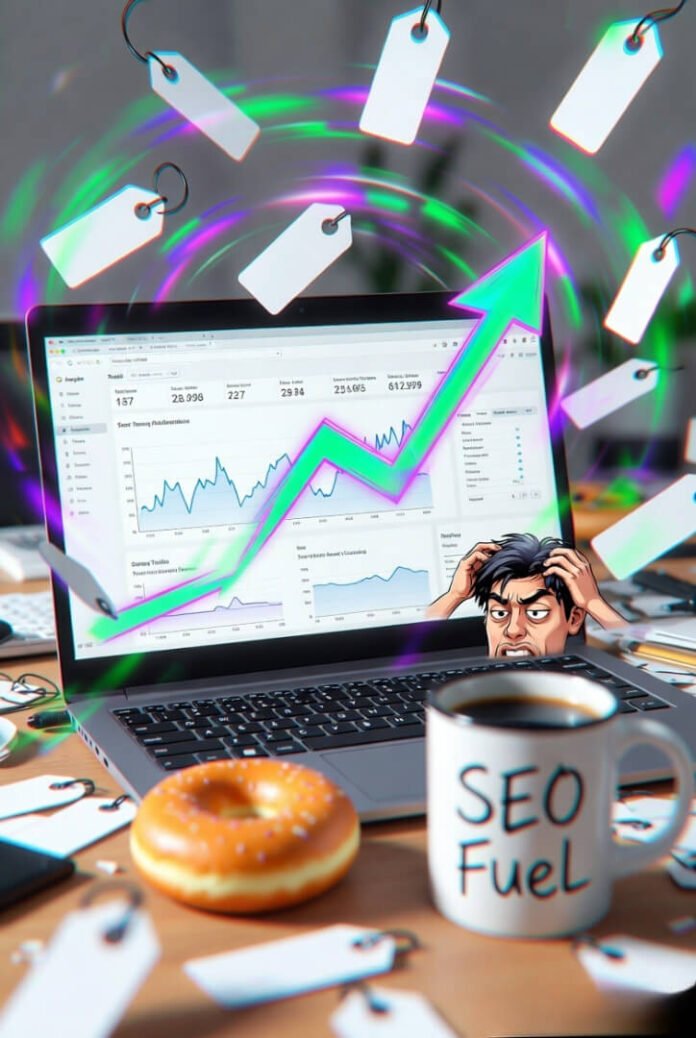 Cluttered desk with spiking SEO analytics, holographic keywords, half-eaten donut, and frustrated cartoon creator.