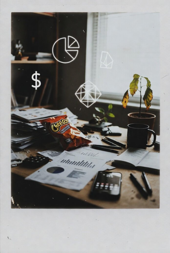Cluttered desk with Cheetos bag, dying plant, scattered analytics papers, floating chart symbols, grainy Polaroid style.