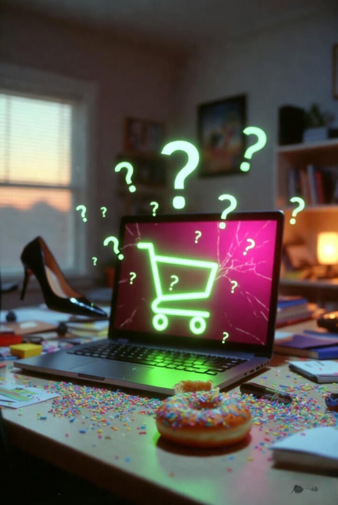 Cluttered desk at dusk: cracked laptop with glowing neon-green abandoned shopping cart, scattered Krispy Kreme sprinkles, lone black heel, floating question marks.