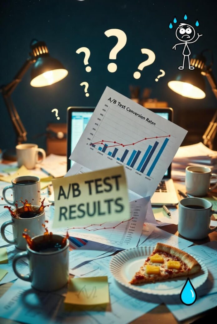 Cluttered late-night desk: crashing A/B test graphs, cold pineapple pizza, coffee chaos, and a stressed stick-figure sweating question marks.