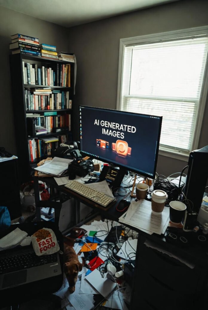 fast food wrappers, towering papers, glowing AI ad on screen, confused dog staring from the cluttered desk — low tilted phone shot.