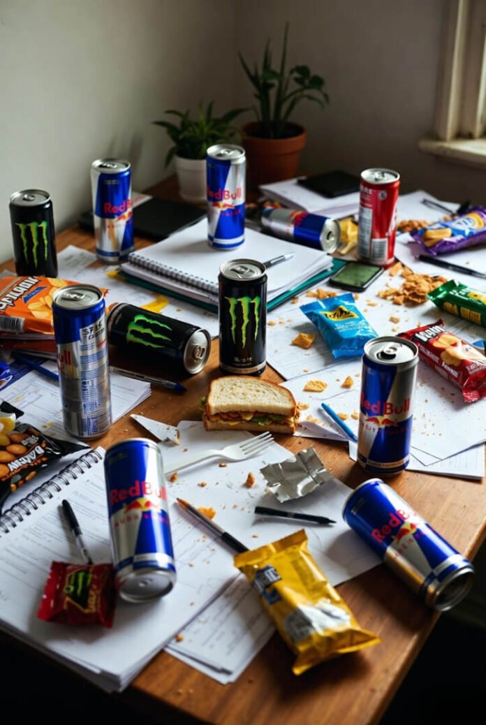Chaotic desk piled with empty Red Bull and Monster energy drink cans, scattered chips, candy wrappers, half-eaten sandwich, papers, and crumbs.