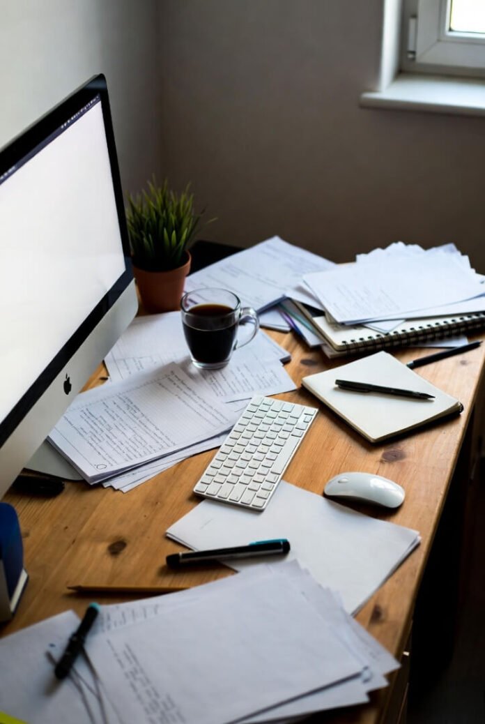 Messy desk with scattered papers, coffee, and laptop in soft evening light.