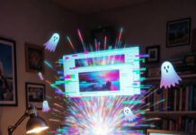 The Future of AdTech: Predictions from Industry Experts A cluttered suburban home office desk at night, bathed in warm amber lamplight and clashing neon glows