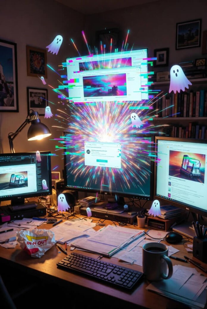 A cluttered suburban home office desk at night, bathed in warm amber lamplight and clashing neon glows
