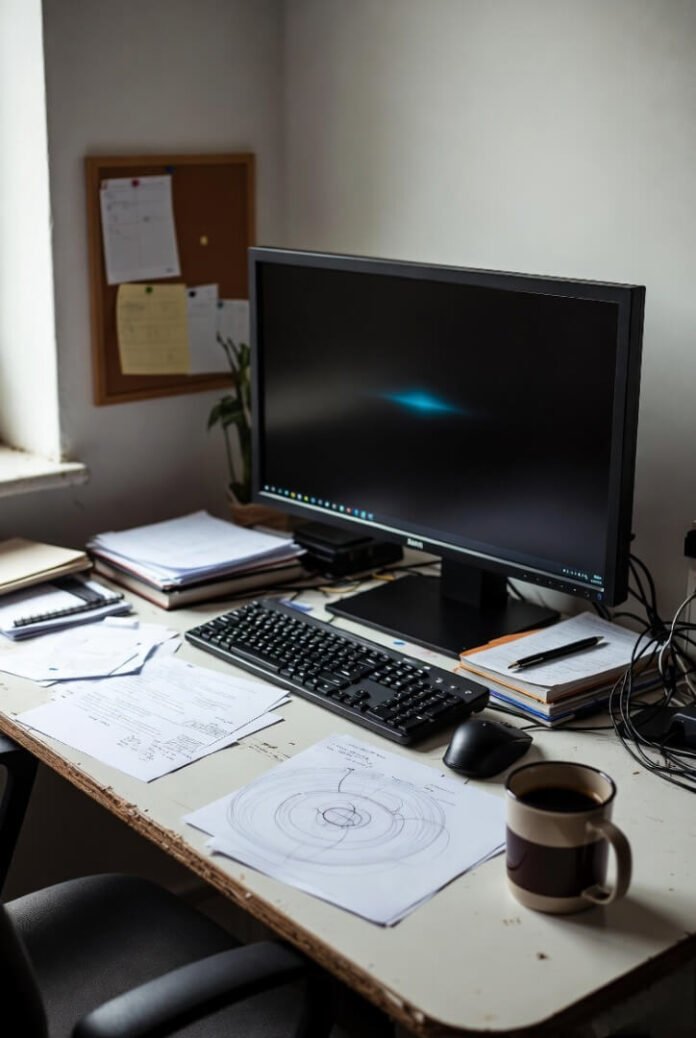 "Over-the-shoulder view of a cluttered workspace: papers everywhere, cold coffee, glasses resting on notes, and a laptop glowing in the middle of the mess."
