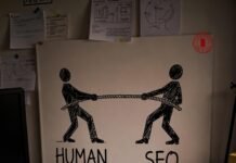 How to Optimize Blog Content for Both SEO and Readers? Chaotic workspace showing SEO-human content struggle