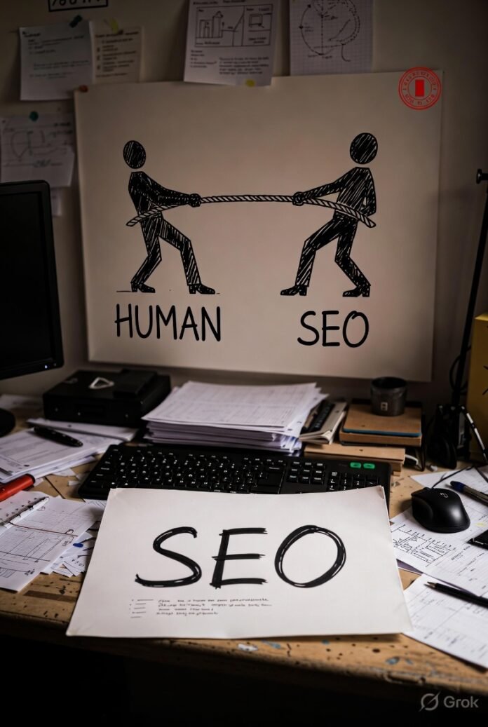 Chaotic workspace showing SEO-human content struggle