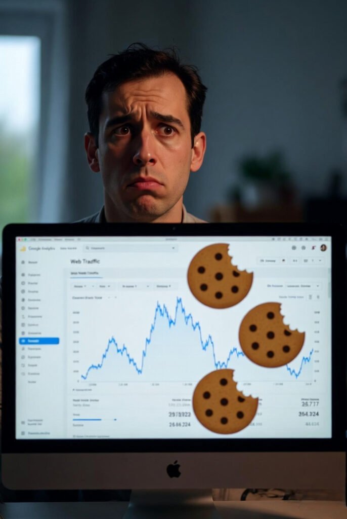 Confused marketer staring in bewilderment at Google Analytics traffic spikes overlaid with giant chocolate chip cookies