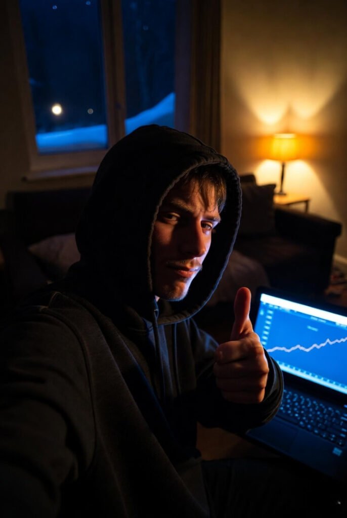 Tired but smirking 2 a.m. selfie in hoodie, thumbs-up by upward-trending laptop graph, snowy Midwest window behind
