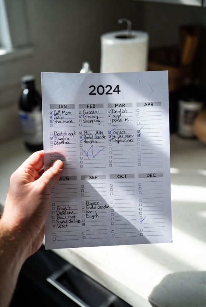 Worn 2024 printed checklist gripped in hand, messy handwritten notes, crumpled corner, weird morning light shadows on kitchen surface.