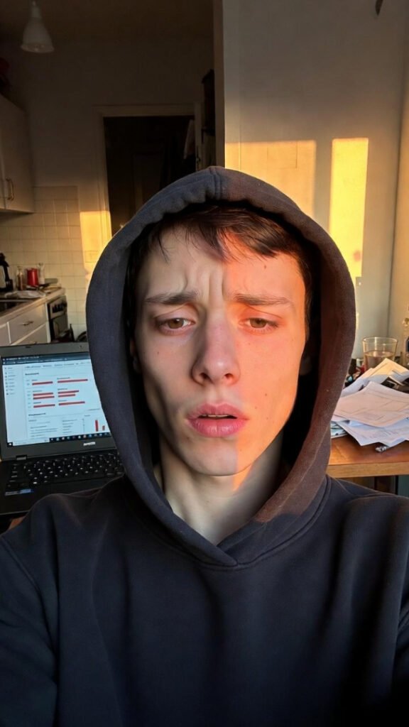 Exhausted selfie in hoodie at kitchen table office, late afternoon sun, CRM dashboard with red-flagged leads, face saying “why did I do this to myself”.
