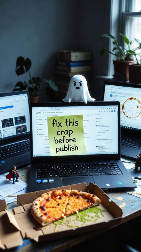 Cluttered desk selfie from a slouched low angle: three laptops with SEO tools, angry sticky note “fix this crap before publish,” half-eaten pizza, tiny frustrated ghost, coffee-stain graph, tired creator chaos. (18 words)