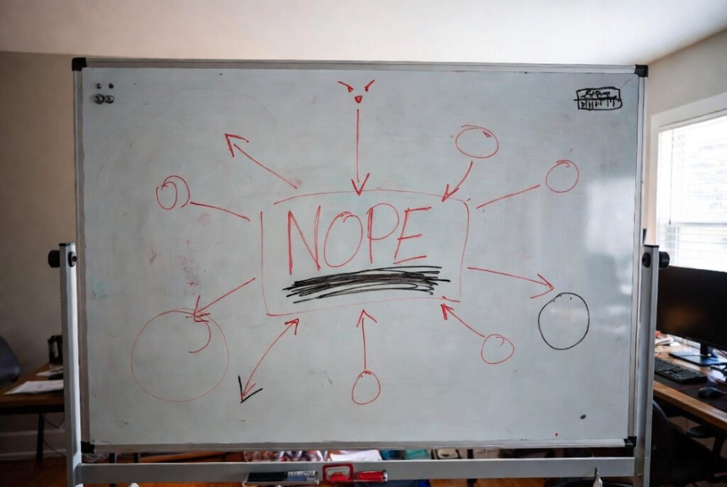 Overwhelmed whiteboard diagram rejected with angry NOPE