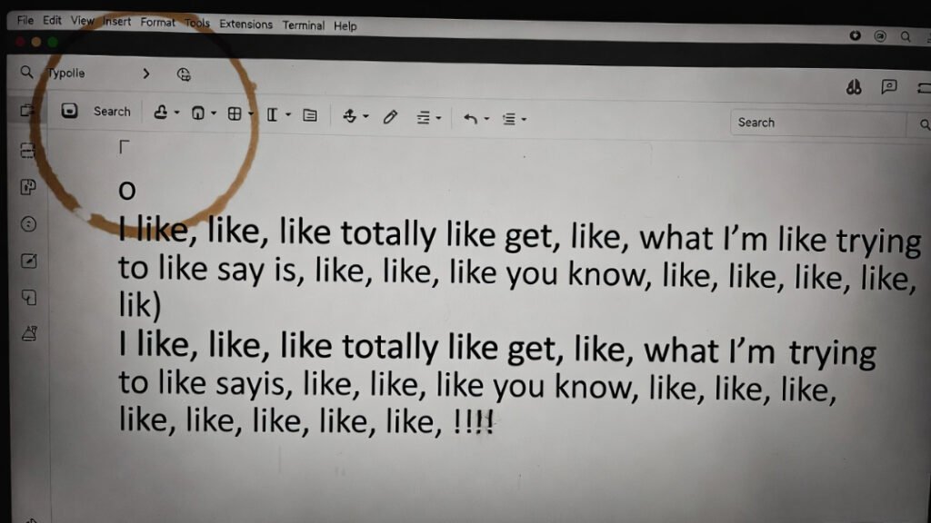 Close-up laptop screen: before (filler-word chaos) vs after (concise AI rewrite), smudged coffee ring visible.