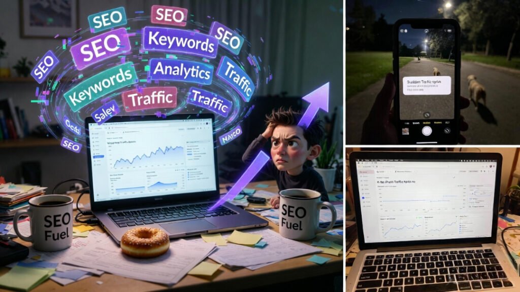 Tilted late-night desk chaos: spiking analytics, swirling SEO holograms, frustrated cartoon me, “SEO Fuel” mug.