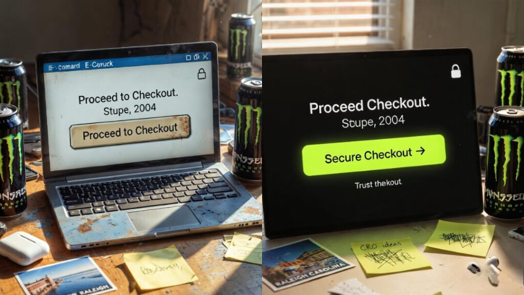 Messy desk in daylight: split laptop screens compare ugly 2004 beige "Proceed to Checkout" vs glowing neon-green "Secure Checkout →", Monster cans, crossed-out CRO notes, Raleigh postcard, lone AirPod.