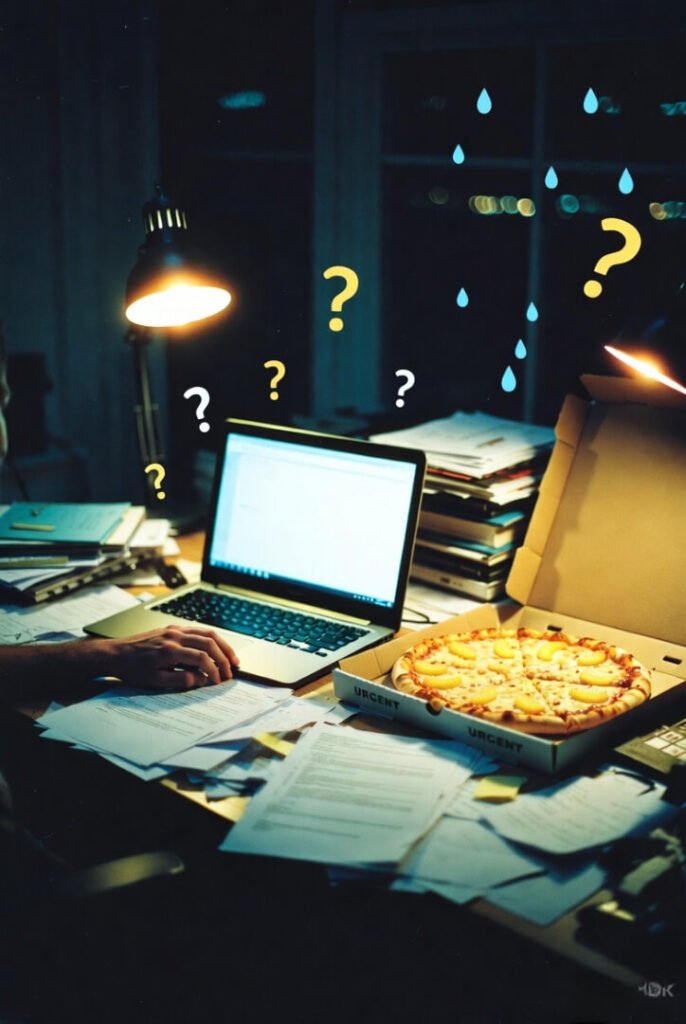 Chaotic late-night desk: pineapple pizza shame, scattered papers, glowing code screen, floating question marks, and coffee-fueled stress.