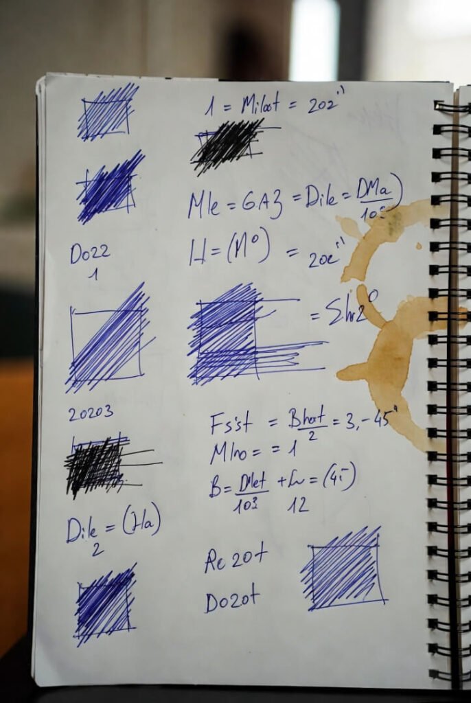 Frustrated audit notes — scribbled diagrams, heavy cross-outs, prominent coffee ring, off-angle personal photo.