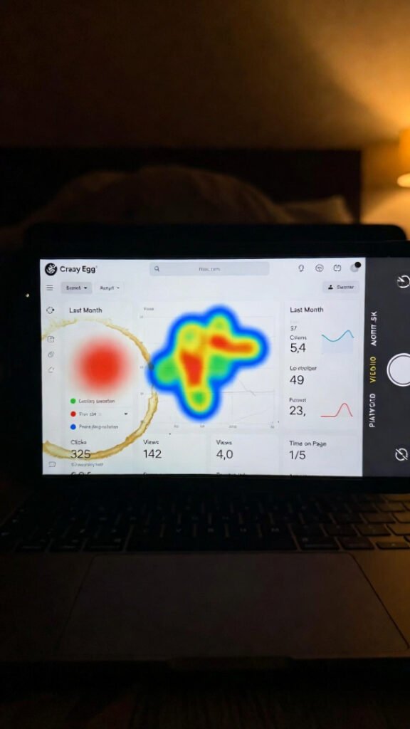Sleepy late-night phone pic: crooked view of Crazy Egg scrollmap + coffee ring.