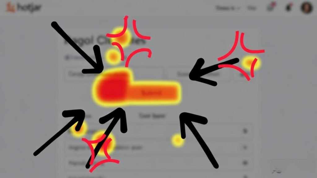 Embarrassing Hotjar heatmap: massive red rage-click zone on failed button with hand-drawn arrows.