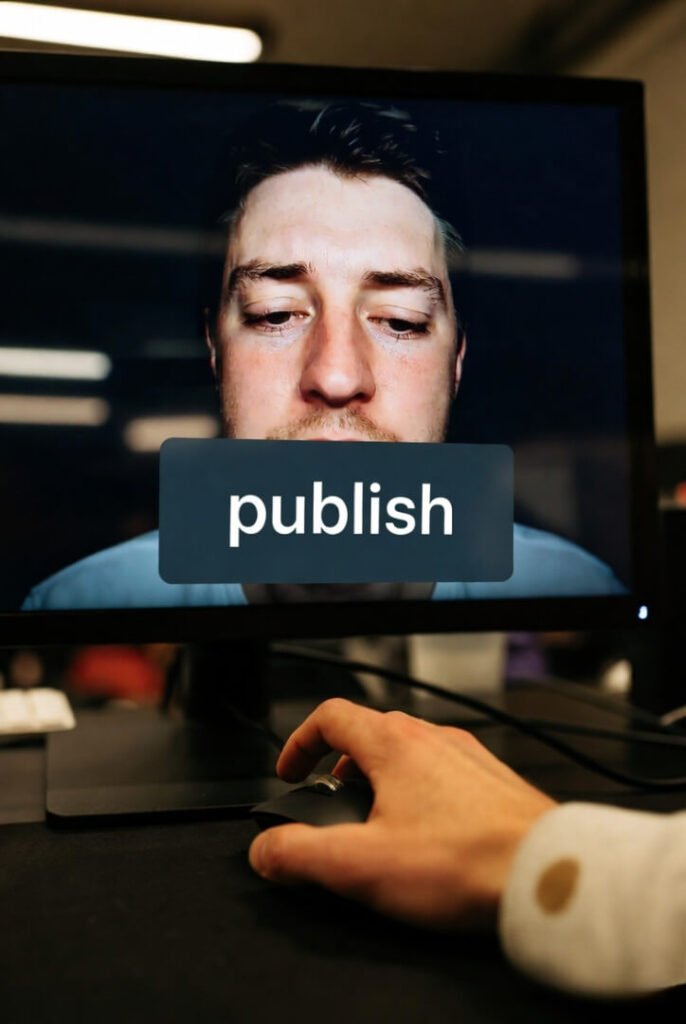 Hand hovering over mouse, about to click "publish" on doomed variation; embarrassed reflection, coffee-stained sleeve, dim office light.