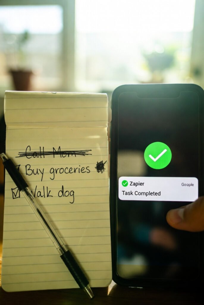 Crooked phone photo of notepad with crossed-out tasks ("Call Mom" struck through), pen nearby, phone screen showing Zapier "Task Completed" alert, thumb in corner, dim window light.