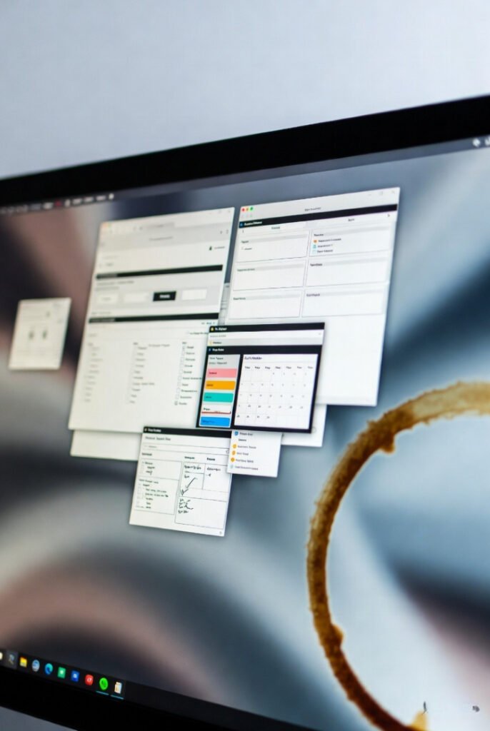 Zoomed-in messy workflow dashboard screenshot with overlapping task windows, checkboxes, due dates, and a prominent brown coffee ring stain overlay for that authentic lived-in vibe.