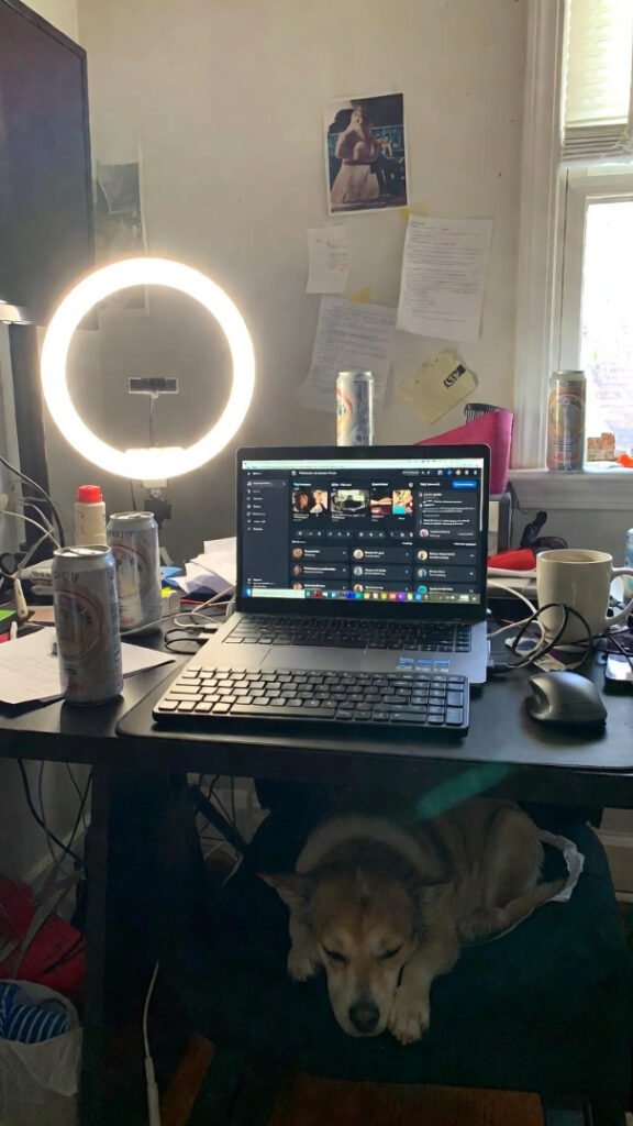 Cluttered home office desk: scattered sparkling water cans, glaring ring light, laptop open to social media, sleepy dog underneath, quick off-kilter phone snap.