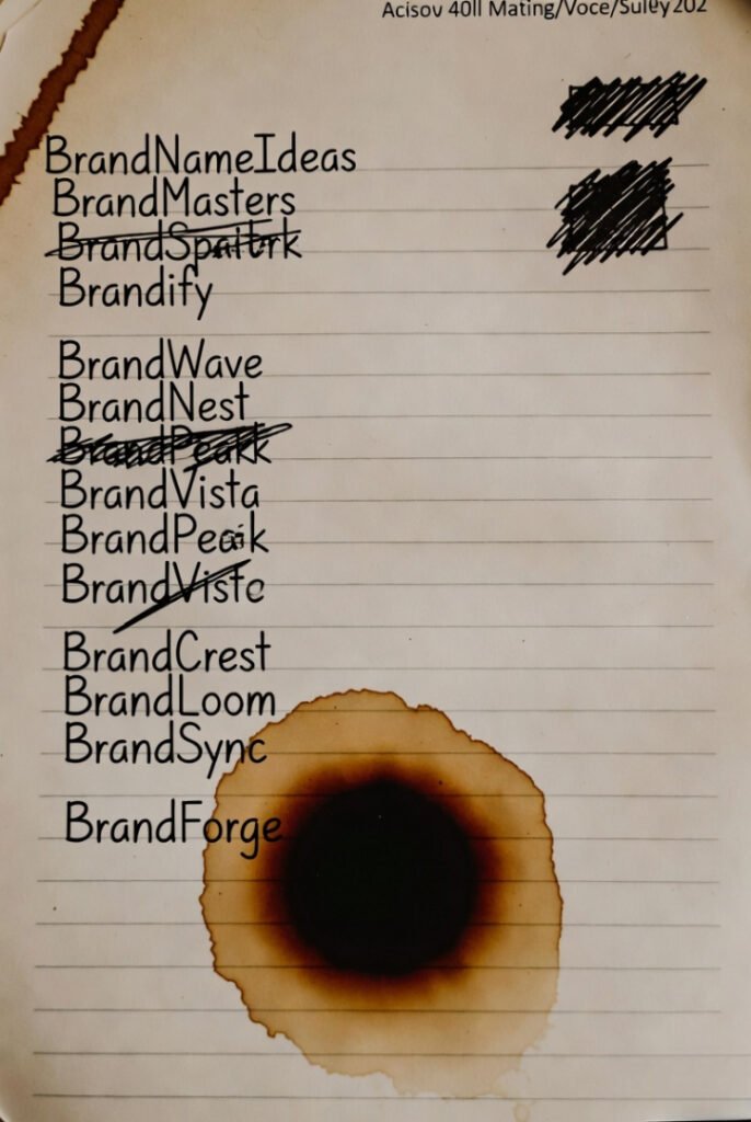 Old notebook page drowning in crossed-out brand attempts