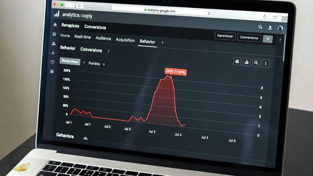 MacBook screen showing Google Analytics with a sudden 200% spike in the line graph and coffee stain in corner.