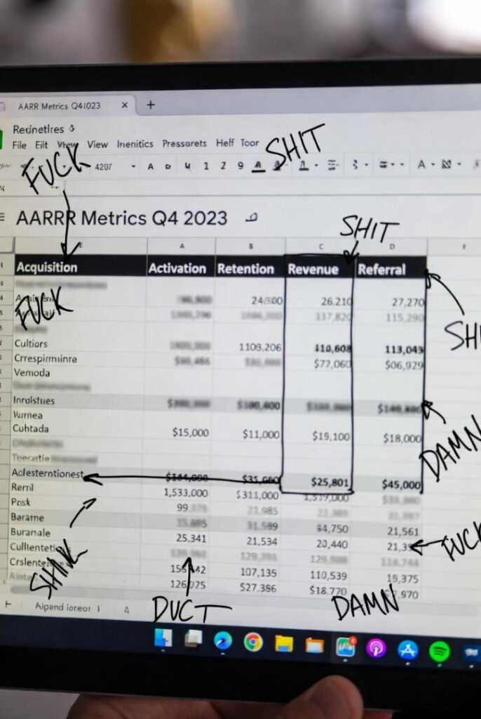 "Blurred screenshot of messy AARRR spreadsheet with hand-drawn arrows, curse words like 'FUCK' and 'SHIT' scribbled in margins