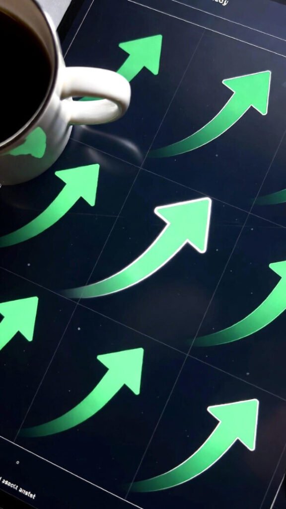 Tilted phone shot of glowing green upward arrows on dashboard, coffee mug photobombed in corner.