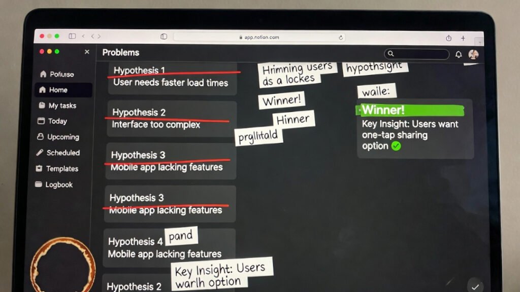 Notion screenshot: many red-crossed hypotheses, single green “Winner!” highlighted, coffee stain in corner.