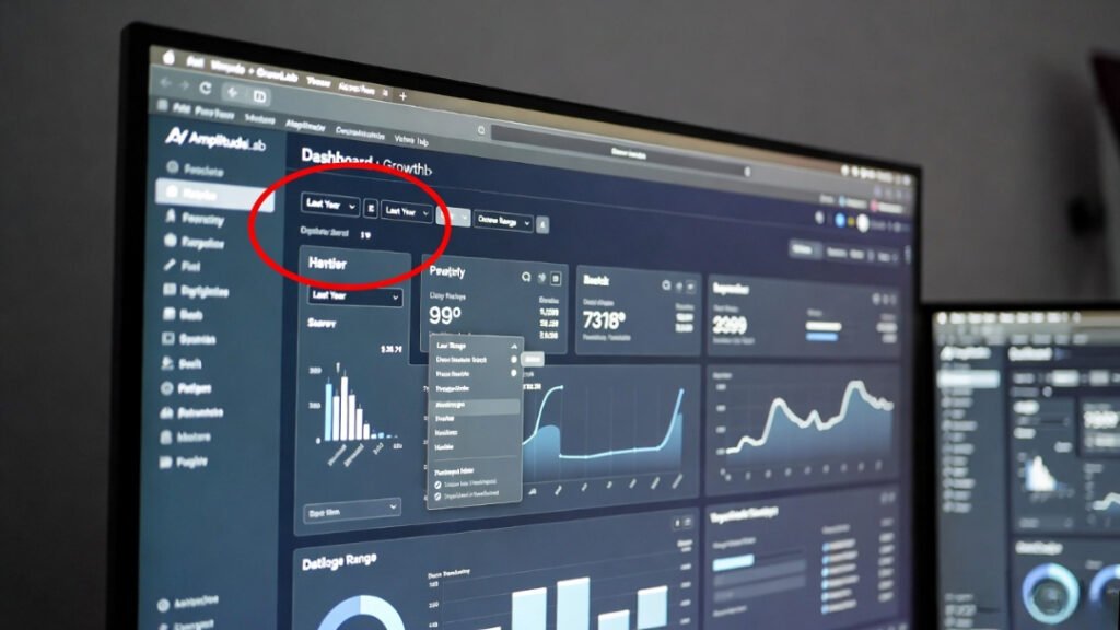 Amplitude + GrowthLab dashboard showing accidental "Last Year" selection, red circle highlighting the mistake.