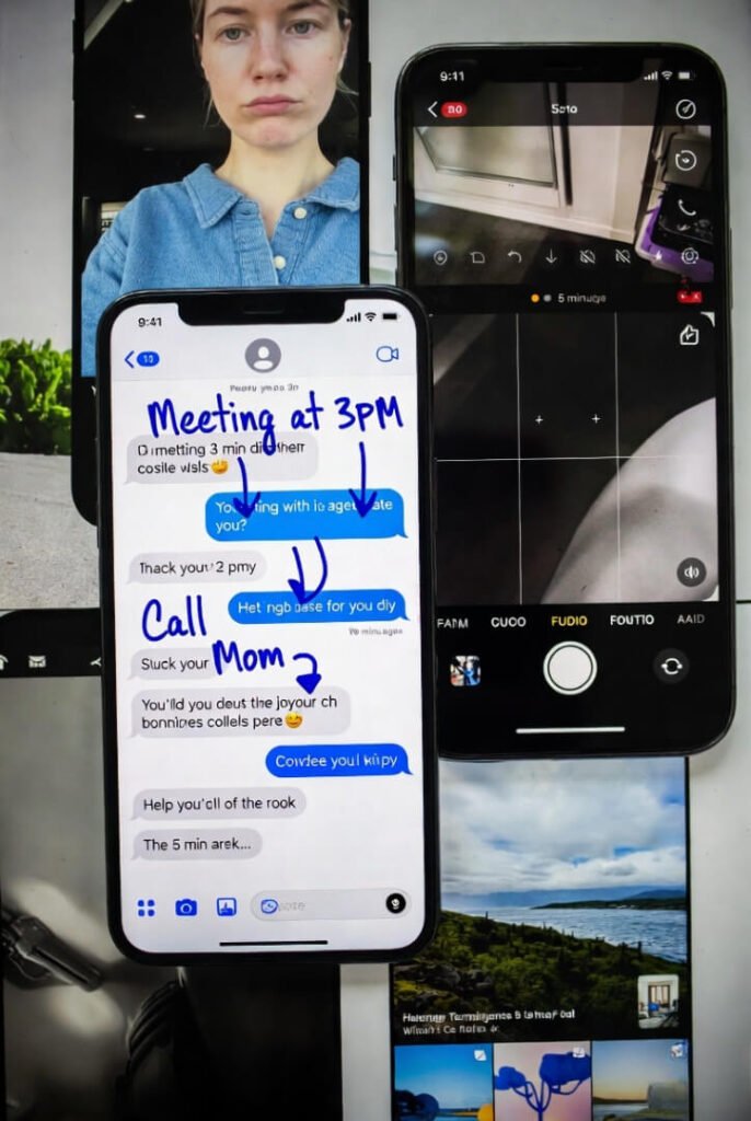 Crooked screenshot of text messages with urgent blue pen annotations and smiley faces