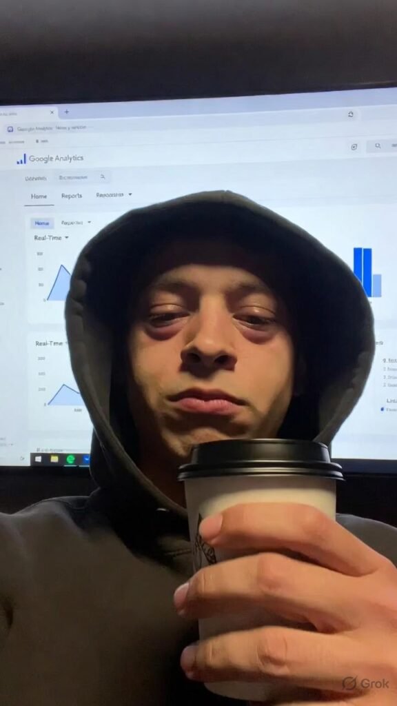 Hood up, dead eyes, coffee, Google Analytics background