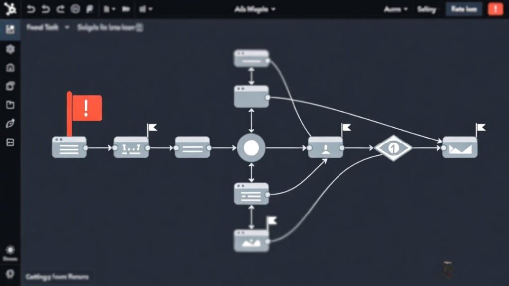 Grainy screenshot of complex HubSpot workflow builder: 14 branching paths with one persistent red error flag.