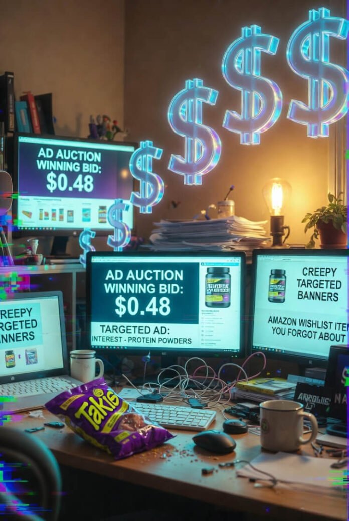Cluttered desk with glowing ad auction screens, creepy targeted protein ads, spilled Takis, and glitching neon dollar holograms.
