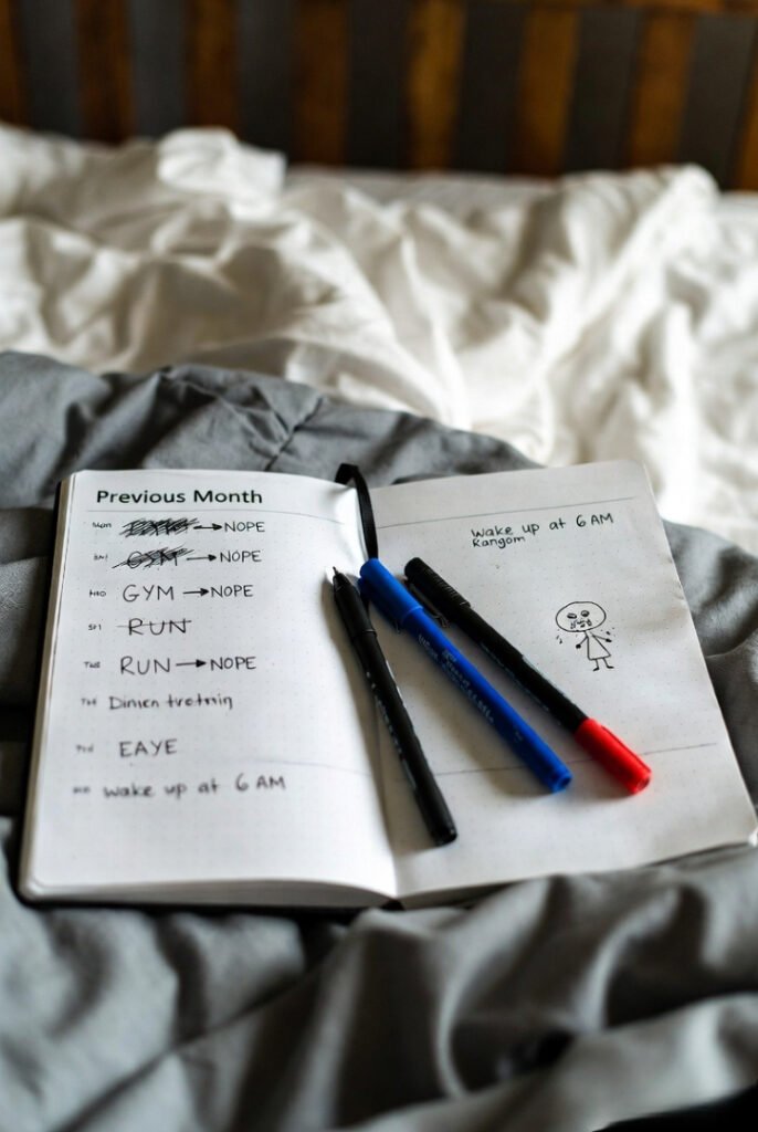 Messy bullet journal page on unmade bed: crossed-out gym plans, crying stick figure by "wake up at 6", three pens scattered.