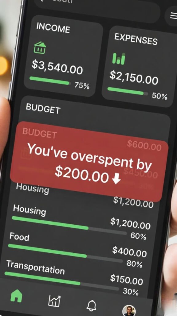 Screenshot-style budgeting app dashboard on a phone held at arm's length, showing green progress bars but a prominent red overspend alert of $200 in disbelief.