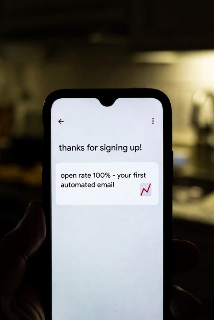 Hand holding phone under dim kitchen light, showing 100% open rate spike for first "thanks for signing up!" automated email.